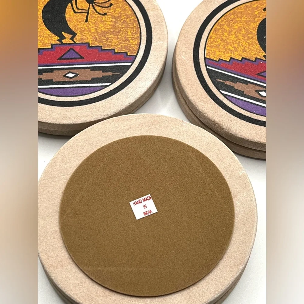 Set of 6 Coasters in Metal Holder Kokopelli Design 3.8 in